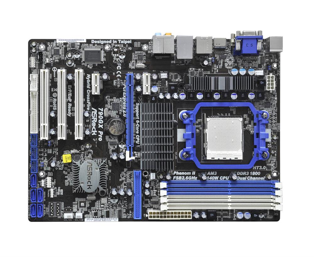 790GX-PRO-BO-R ASRock Socket AM3 AMD 790GX + SB750 Chipset AMD Phenom II X6/ II X4/ II X3/ II X2/ AMD Athlon II X4/ II X3/ II X2/ AM Sempron Processors Support DDR3 4x DIMM 5x SATA2 3.0Gb/s ATX Motherboard (Refurbished)