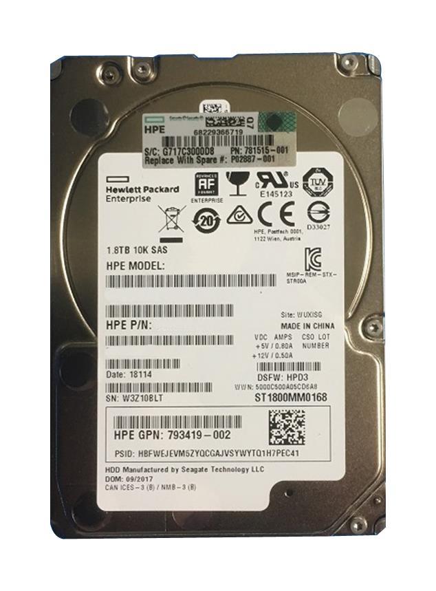 793419-002 HP 1.8TB 10000RPM SAS 12Gbps Hot Swap (512e) 2.5-inch Internal Hard Drive with Smart Carrier