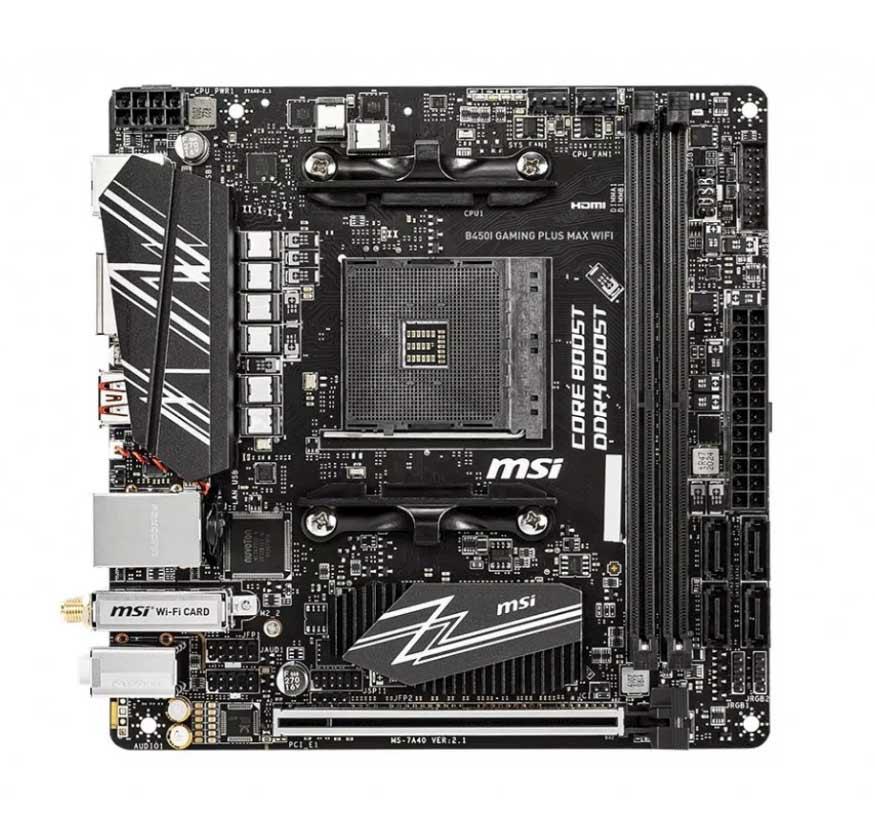 7A40-017R MSI B450I GAMING PLUS MAX WIFI Socket AM4 AMD B450 Chipset AMD Ryzen 1st/2nd & 3rd Generation Processors Support DDR4 2x DIMM 4x SATA 6.0Gb/s Mini-ITX Motherboard (Refurbished)