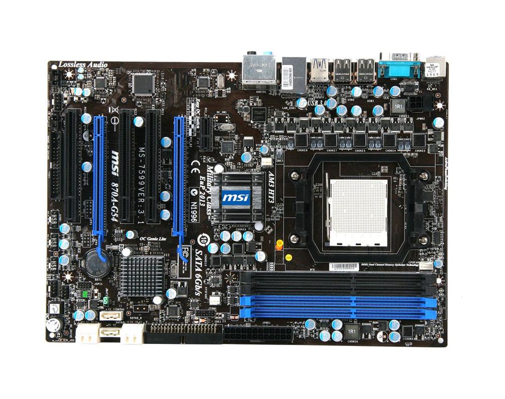 870A-G54 MSI Socket AM3 AMD 870 + SB850 Chipset AMD Phenom II X6/ Phenom II X4/ Phenom II X3/ Phenom II X2/ AMD Athlon II X4/ Athlon II X3/ Athlon II X2/ AMD Sempron Processors Support DDR3 4x DIMM 6x SATA3 6.0Gb/s ATX Motherboard (Refurbished)