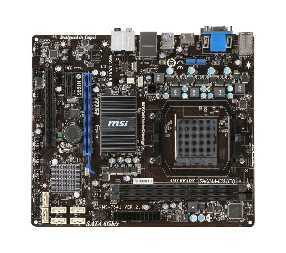 880GMA-E35-FX MSI Socket AM3+ AMD 880G + SB850 Chipset AMD Phenom II X6/ Phenom II X4/ Phenom II X3/ Phenom II X2/ AMD Athlon II X4/ Athlon II X3/ Athlon II X2/ AMD Sempron Processors Support DDR3 2x DIMM 6x SATA3 6.0Gb/s Micro-ATX Motherboard (Refurbished)