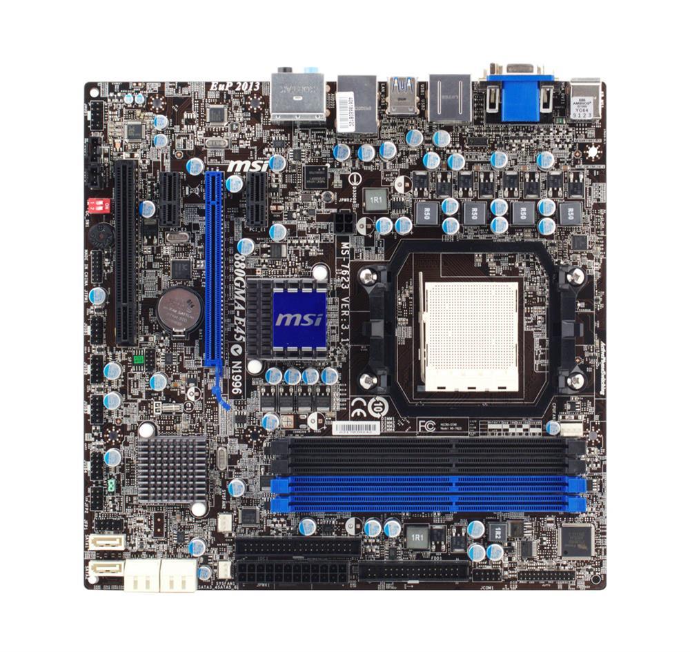 880GMA-E45-A1 MSI Socket AM3 AMD 880G + SB850 Chipset AMD Phenom II X4/ Phenom II X3/ Phenom II X2/ AMD Athlon II X4/ Athlon II X3/ Athlon II X2/ AMD Sempron Processors Support DDR3 4x DIMM 6x SATA 6.0Gb/s Micro-ATX Motherboard (Refurbished)