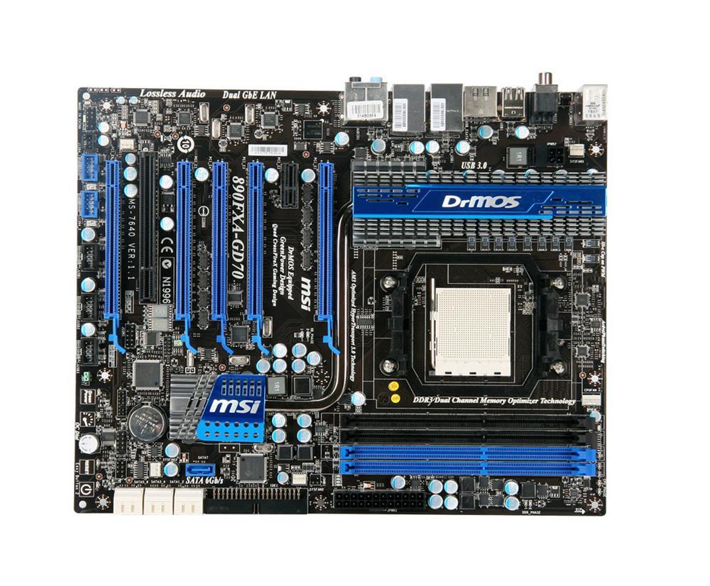 890FXAG-D70WRAM MSI 890FXA-GD70 Socket AM3 AMD 880FX + SB850 Chipset AMD Phenom II X6/ Phenom II X4/ Phenom II X3/ Phenom II X2/ AMD Athlon II X4/ Athlon II X3/ Athlon II X2/ AMD Sempron Processors Support DDR3 4x DIMM 6x SATA 3.0Gb/s ATX Motherboard (Refurbished)