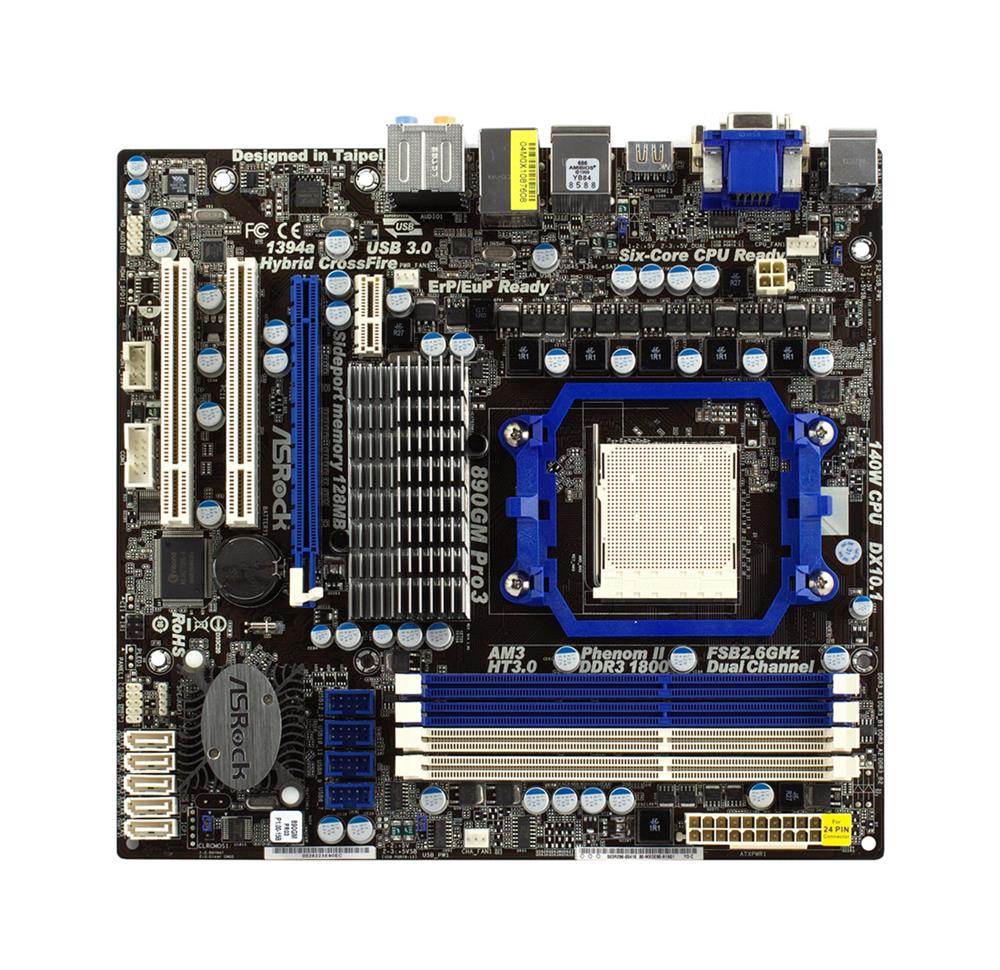 890GMPRO3 ASRock Socket AM3 AMD 890GX + SB850 Chipset AMD Phenom II X6/ II X4/ II X3/ II X2/ AMD Athlon II X4/ II X3/ II X2 Processors Support DDR3 4x DIMM 5x SATA3 6.0Gb/s Micro-ATX Motherboard (Refurbished)