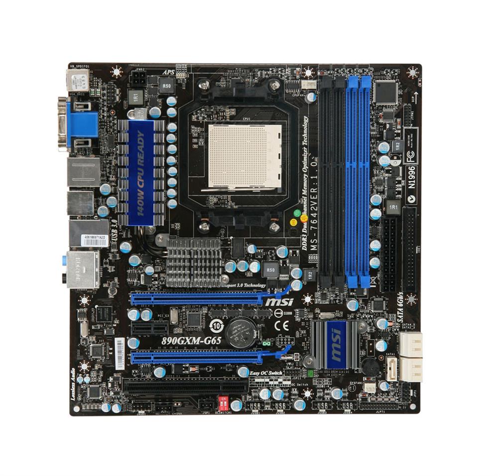 890GXM-G65 MSI Socket AM3 890GX + SB850 Chipset AMD Phenom II X4/ Phenom II X3/ Phenom II X2/ AMD Athlon II X4/ Athlon II X3/ AMD Sempron Processors Support DDR3 4x DIMM 5x SATA 6.0Gb/s Micro-ATX Motherboard (Refurbished)
