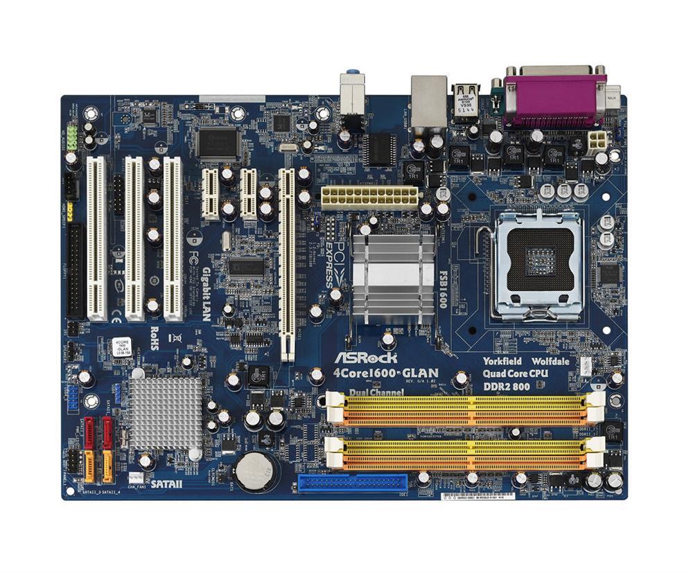 90-MXG8J0-A0UAYZ ASRock 4Core1600-GLAN Socket LGA 775 Intel P31 + ICH7 Chipset Core 2 Extreme/ Core 2 Duo/ Core 2 Quad/ Pentium Dual-Core/ Celeron Processors Support DDR2 4x DIMM 4x SATA2 3.0Gb/s ATX Motherboard (Refurbished)