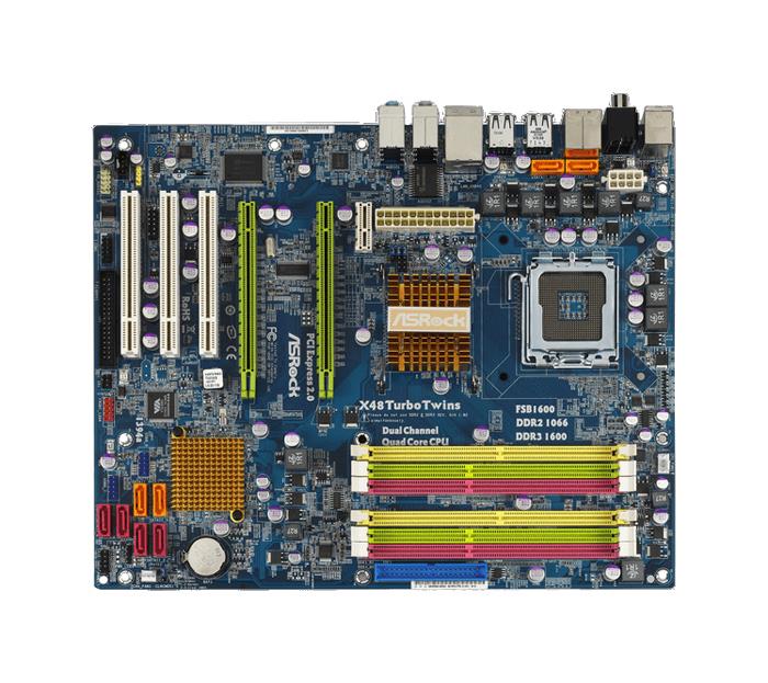 90-MXG920-A0UAYZ ASRock X48TurboTwins Socket LGA 775 Intel X48 + ICH9R Chipset Core 2 Quad/ Core 2 Duo/ Core 2 Extreme/ Pentium Dual-Core/ Celeron Processors Support DDR3/DDR2 4x DIMM 6x SATA2 3.0Gb/s ATX Motherboard (Refurbished)