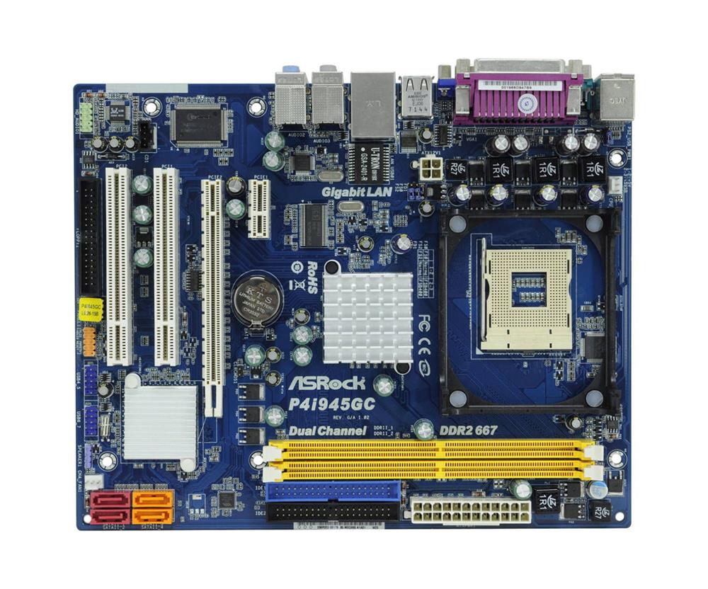 90-MXG950-A0UAYZ ASRock P4I945GC Socket 478 Intel 945GC + ICH7 Chipset Intel Pentium 4/ Celeron D Processors Support DDR2 2x DIMM 4x SATA 3.0Gb/s Micro-ATX Motherboard (Refurbished)