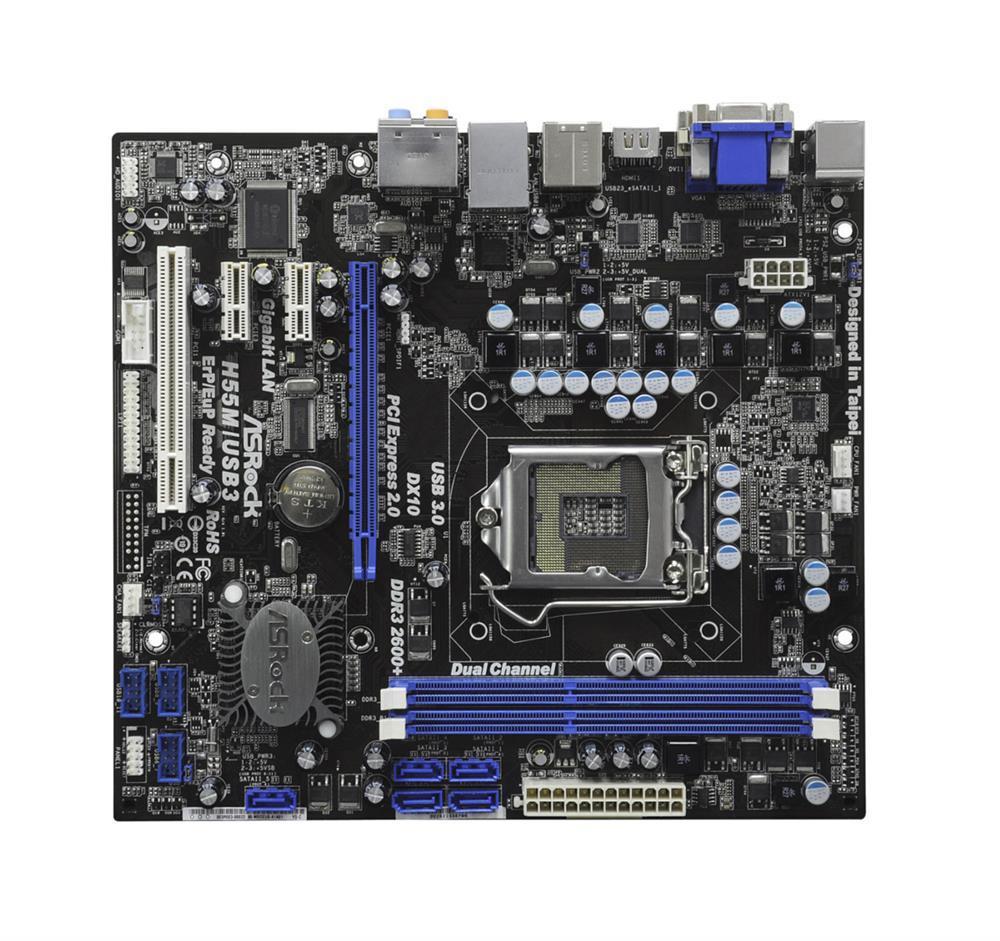 90-MXGEU0-A0UAYZ ASRock H55M/USB3 R2.0 Socket LGA 1156 Intel H55 Chipset Core i7 / i5 / i3 / Pentium G6950 Processors Support DDR3 2x DIMM 5x SATA2 3.0Gb/s Micro-ATX Motherboard (Refurbished)