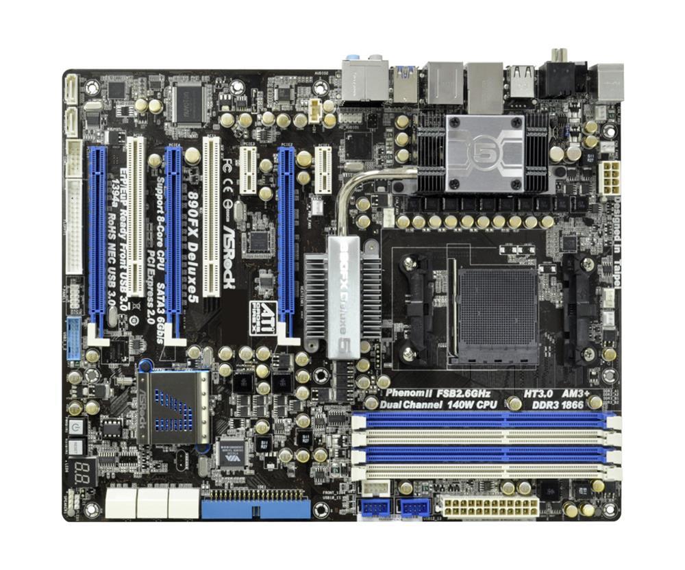 90-MXGHN0-A0UAYZ ASRock Socket AM3+ AMD 890FX + SB850 Chipset AMD Phenom II X6/ II X4/ II X3/ II X2/ AMD Athlon II X4/ II X2/ II X2/ AMD Sempron Processors Support DDR3 4x DIMM 6x SATA3 6.0Gb/s ATX Motherboard (Refurbished)