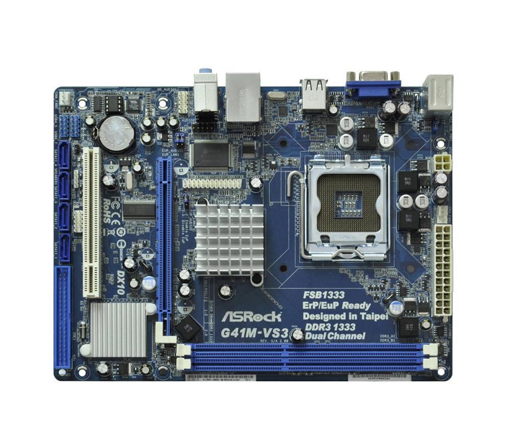 90-MXGI40-A0UAYZ ASRock G41M-VS3 R2.0 Socket LGA 775 Intel G41 + ICH7 Chipset Core 2 Extreme/ Core 2 Quad/ Core 2 Duo/ Pentium Dual-Core/ Celeron Dual-Core Processors Support DDR3 2x DIMM 4x SATA2 3.0Gb/s Micro-ATX Motherboard (Refurbished)