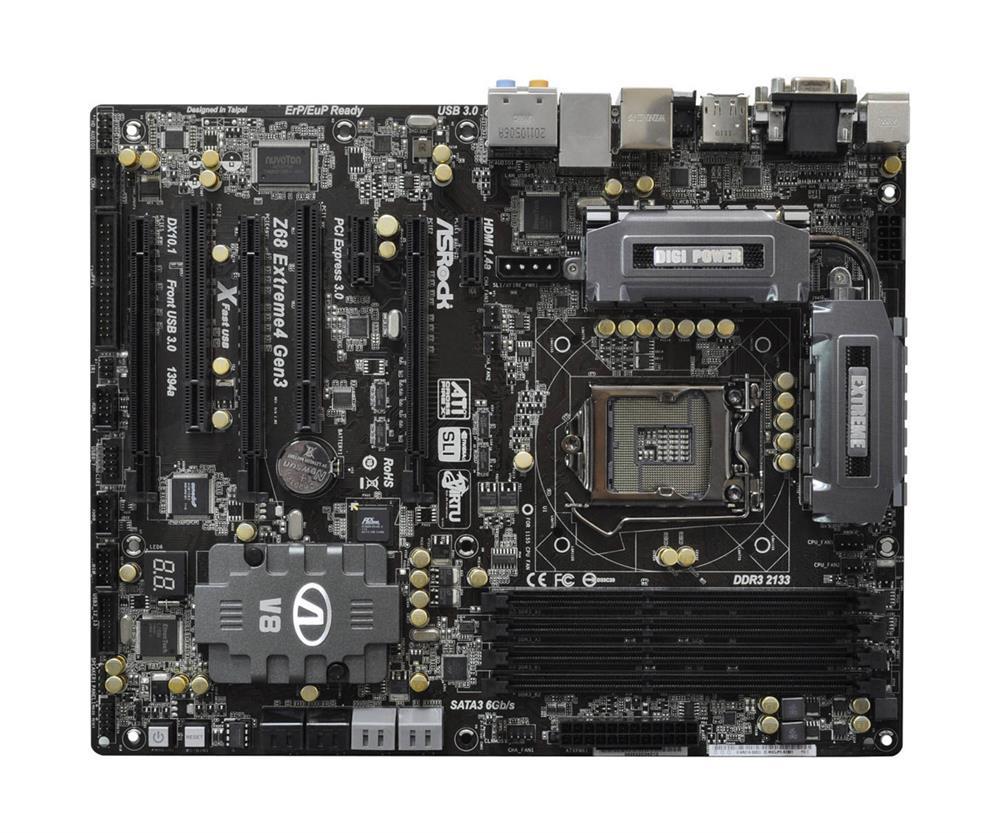 90-MXGJP0-A0UAYZ ASRock Z68 Extreme4 Gen3 Socket LGA 1155 Intel Z68 Chipset 3rd/2nd Generation Core i7 / i5 / i3 / Pentium / Celeron / Xeon Processors Support DDR3 4x DIMM 4x SATA2 3.0Gb/s ATX Motherboard (Refurbished)