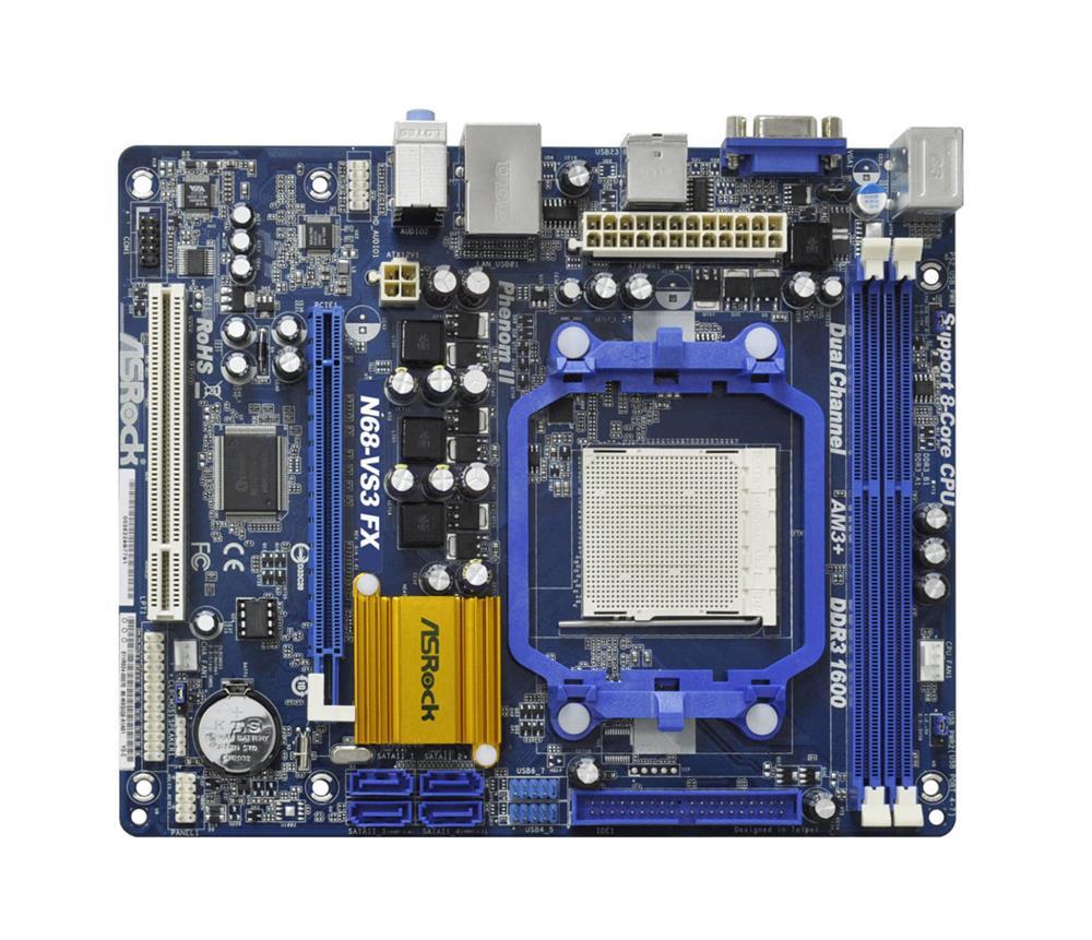 90-MXGK70-A0UAYZ ASRock N68-VS3 FX Socket AM3+ Nvidia GeForce 7025 + nForce 630a Chipset AMD Phenom II X6/X4/X3/X2/ AMD Athlon II X4/X3/X2/ AMD Sempron Processors Support DDR3 2x DIMM 4x SATA2 3.0Gb/s Micro-ATX Motherboard (Refurbished)