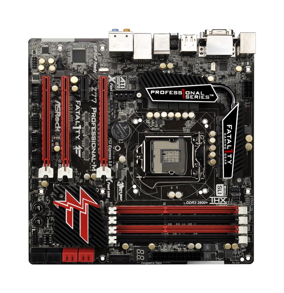 90-MXGL40-A0UAYZ ASRock Fatal1ty Z77 Professional-M Socket LGA 1155 Intel Z77 Chipset 3rd & 2nd Generation Core i7 / i5 / i3 / Pentium / Celeron / Xeon Processors Support DDR3 4x DIMM 4x SATA3 6.0Gb/s Micro-ATX Motherboard (Refurbished)
