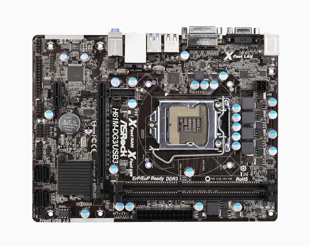 90-MXGNU0-A0UAYZ ASRock H61M-DG3/USB3 Socket LGA 1155 Intel H61 Chipset 3rd/2nd Generation Core i7 / i5 / i3 / Pentium / Celeron / Xeon Processors Support DDR3 2x DIMM 4x SATA2 3.0Gb/s Micro-ATX Motherboard (Refurbished)
