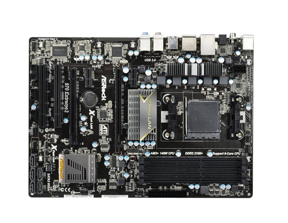 970-EXTREME3 ASRock 970 Extreme3 Socket AM3+ AMD 970 + SB950 Chipset AMD Phenom II X6/ II X4/ II X3/ II X2/ AMD Athlon II X4/ II X3/ II X2/ AMD Sempron Processors Support DDR3 4x DIMM 5x SATA3 6.0Gb/s ATX Motherboard (Refurbished)