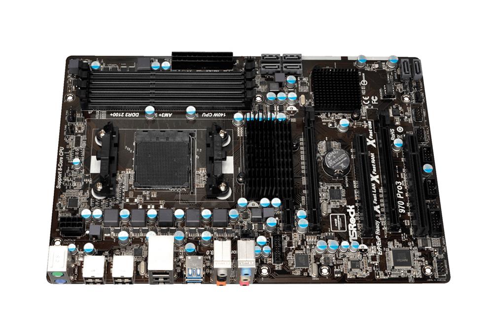 970-PRO3 ASRock Socket AM3+ AMD 970 + SB950 Chipset AMD Phenom II X6/ II X4/ II X3/ II X2/ AMD Athlon II X4/ II X3/ II X2/ AMD Sempron Processors Support DDR3 4x DIMM 6x SATA3 6.0Gb/s ATX Motherboard (Refurbished)