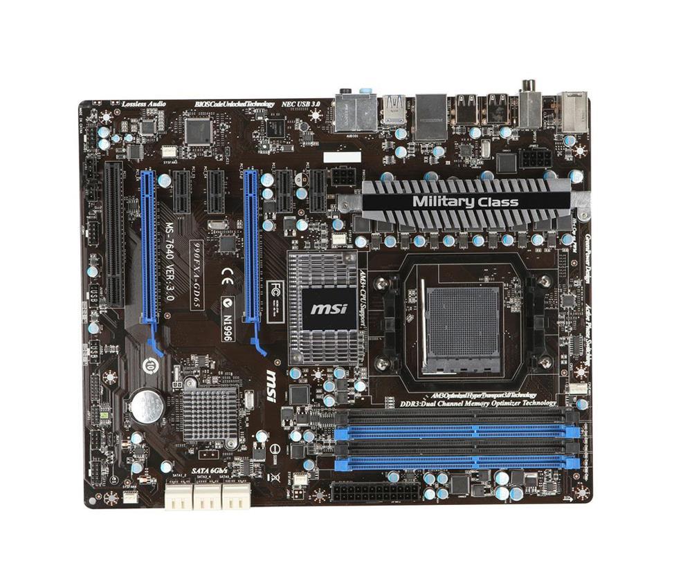 990FXA-GD65 MSI Socket AM3+ AMD 970FX + SB950 Chipset AMD Phenom II X3/ Athlon II X2/ Phenom II X2/ Athlon II X4/ Athlon II X3/ Phenom II X4/ Phenom II X6/ Phenom II X8/ AMD FX Processors Support DDR3 4x DIMM 6x SATA2 3.0Gb/s ATX Motherboard (Refurbished)