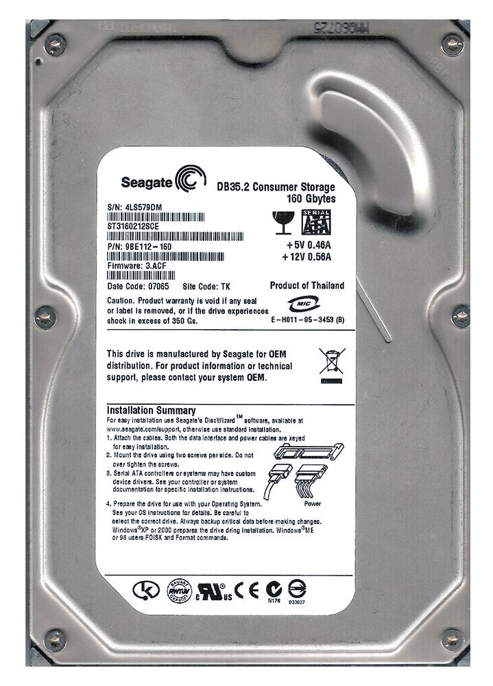 9BE112-160 Seagate DB35 Series 160GB 7200RPM SATA 3Gbps 2MB Cache 3.5-inch Internal Hard Drive