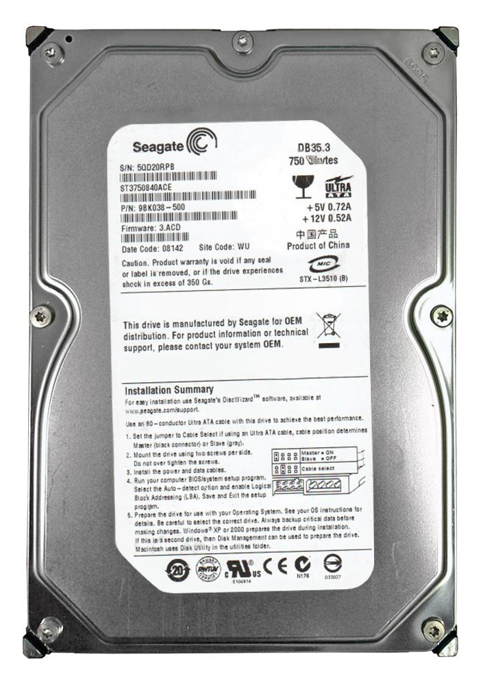 9BK038-500 Seagate DB35 Series 750GB 7200RPM ATA-100 8MB Cache 3.5-inch Internal Hard Drive