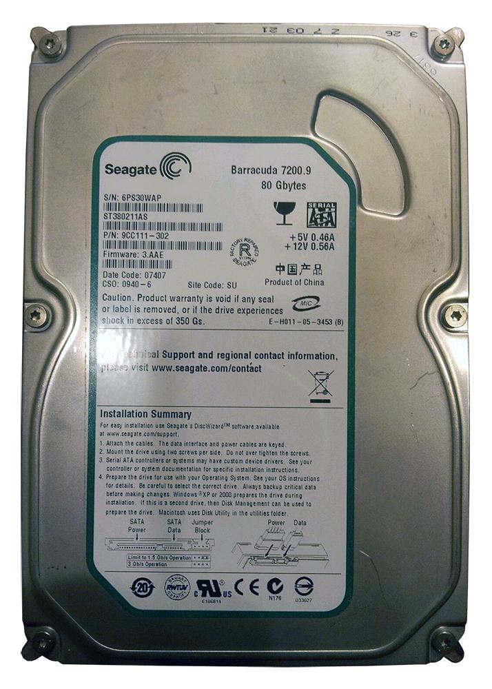 9CC111-302 Seagate Barracuda 7200.9 80GB 7200RPM SATA 3Gbps 2MB Cache 3.5-inch Internal Hard Drive