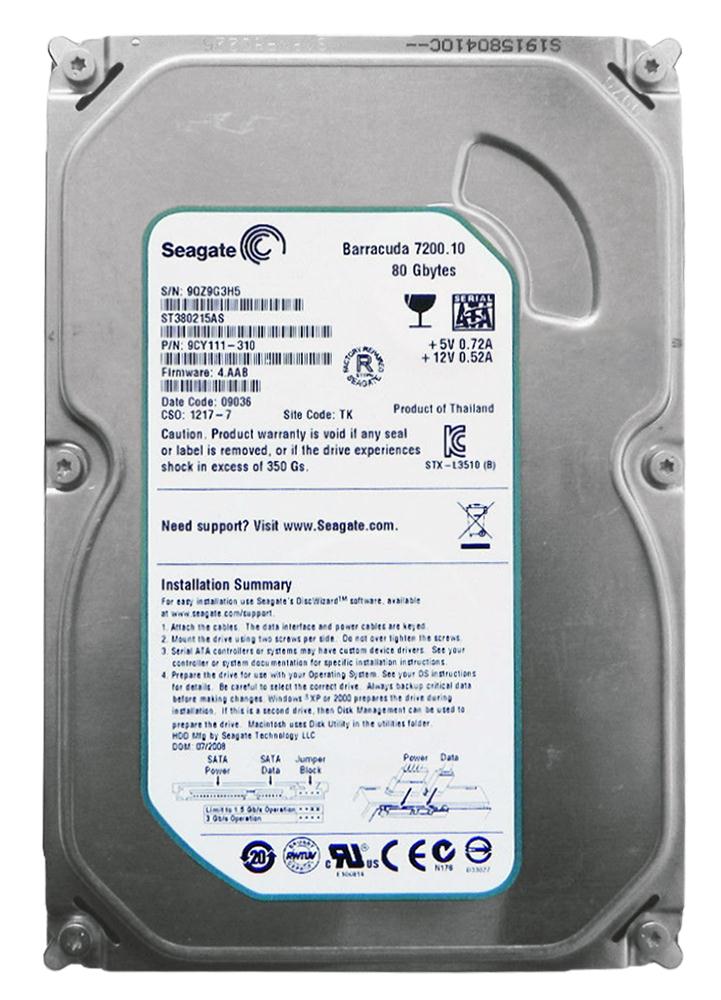 9CY111-310 Seagate Barracuda 7200.10 80GB 7200RPM SATA 3Gbps 2MB Cache 3.5-inch Internal Hard Drive