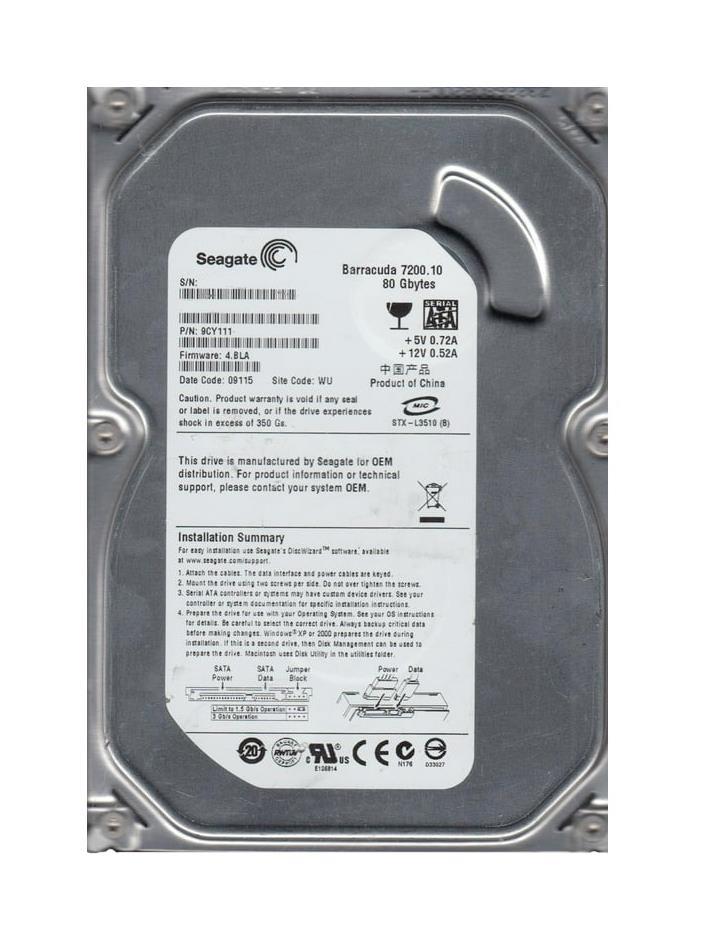 9CY111-501 Seagate Barracuda 7200.10 80GB 7200RPM SATA 3Gbps 2MB Cache 3.5-inch Internal Hard Drive