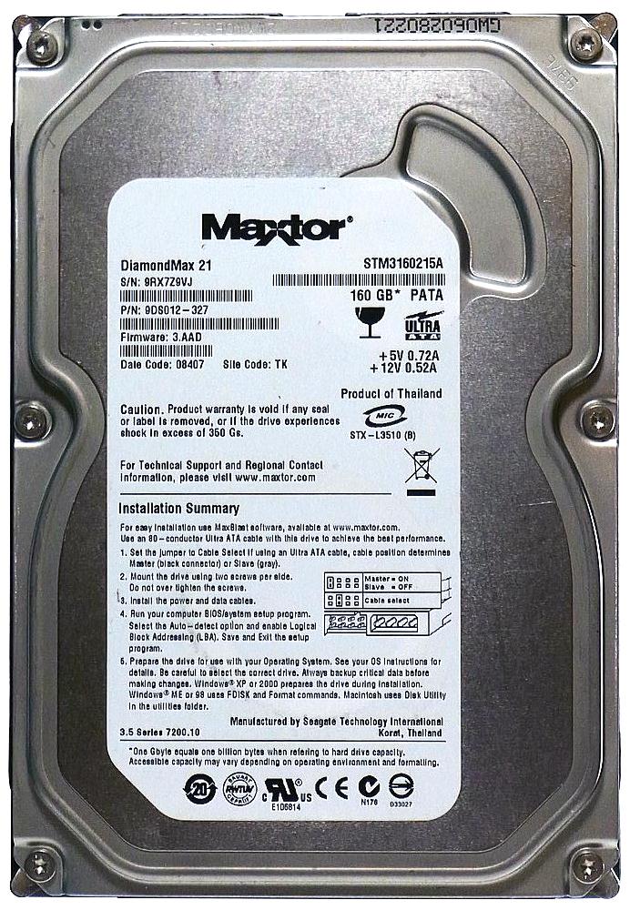 9DS012-327 Seagate DiamondMax 21 160GB 7200RPM ATA-100 2MB Cache 3.5-inch Internal Hard Drive