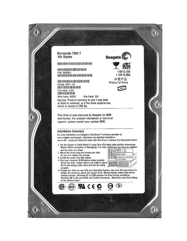 9W2001-460 Seagate Barracuda 7200.7 160GB 7200RPM ATA-100 2MB Cache 3.5-inch Internal Hard Drive