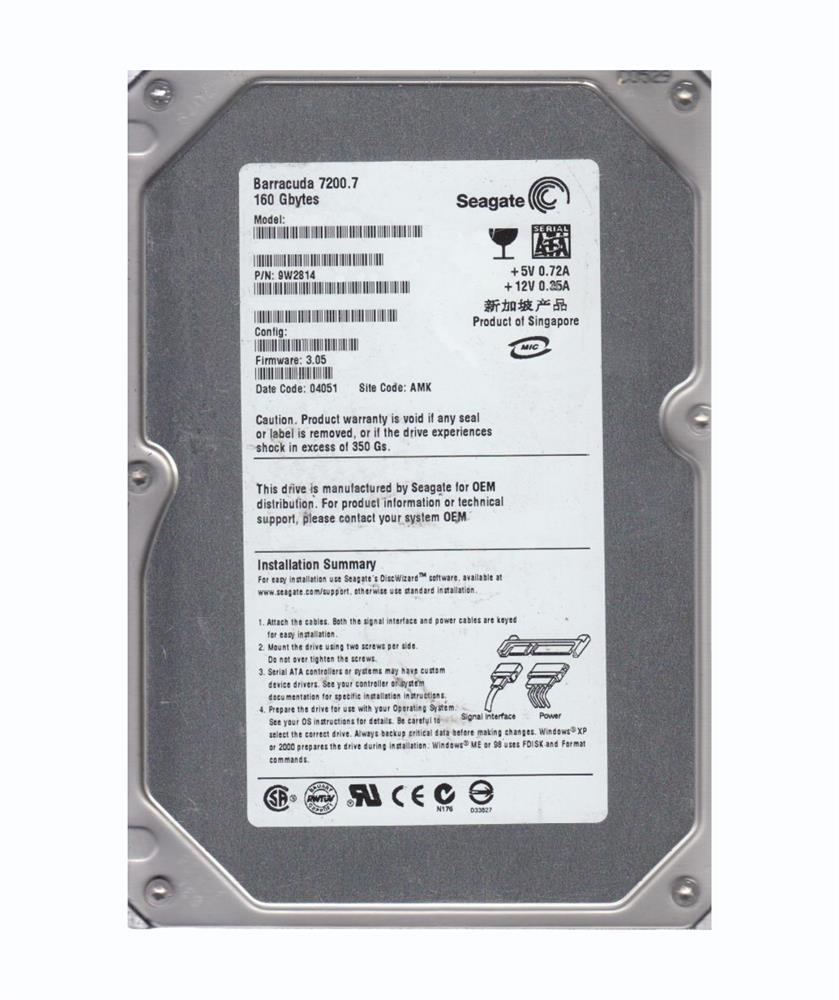 9W2814-013 Seagate Barracuda 7200.7 160GB 7200RPM SATA 1.5Gbps 8MB Cache 3.5-inch Internal Hard Drive