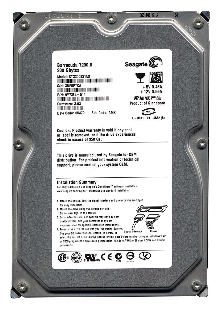 9Y7384-511 Seagate Barracuda 7200.8 300GB 7200RPM SATA 1.5Gbps 8MB Cache 3.5-inch Internal Hard Drive