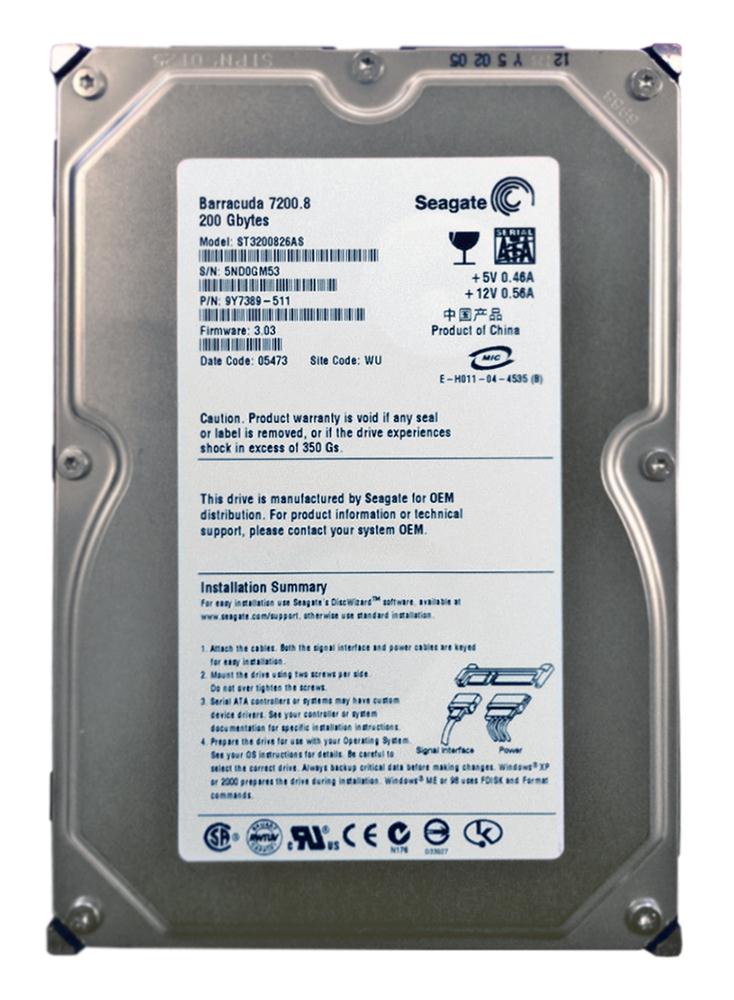 9Y7389-511 Seagate Barracuda 7200.8 200GB 7200RPM SATA 1.5Gbps 8MB Cache 3.5-inch Internal Hard Drive