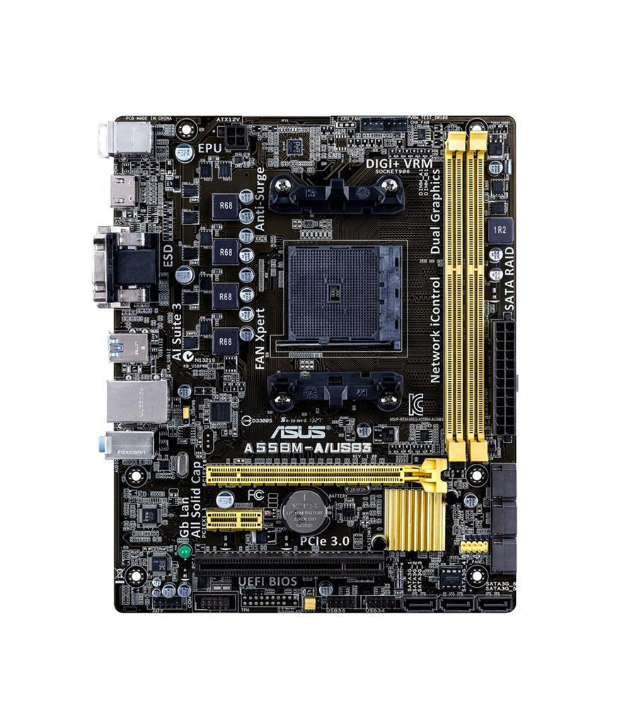 A55BMAUSB3 ASUS A55BM-A/USB3 Socket FM2+ AMD A55 Chipset AMD Athlon/ A-Series Processors Support DDR3 2x DIMM 6x SATA 3.0Gb/s mATX Motherboard (Refurbished)
