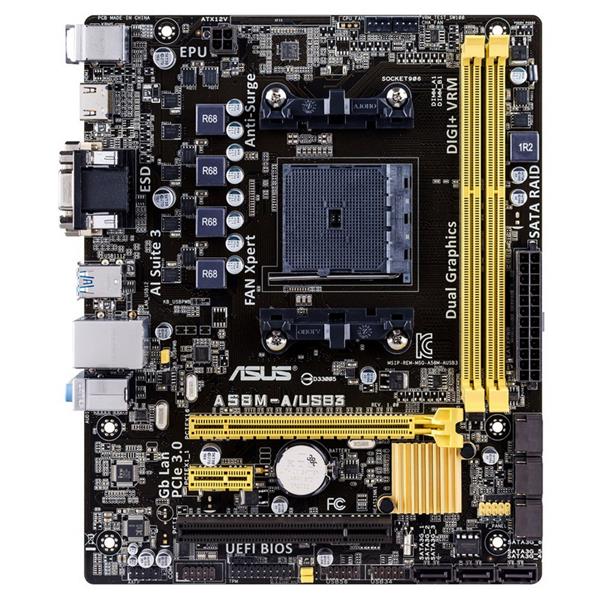 A58M-A/US83 ASUS A58M-A/USB3 Socket FM2+ AMD A58 Chipset AMD Athlon/ AMD A-Series Processors Support DDR3 2x DIMM 6x SATA 3.0Gb/s mATX Motherboard (Refurbished)