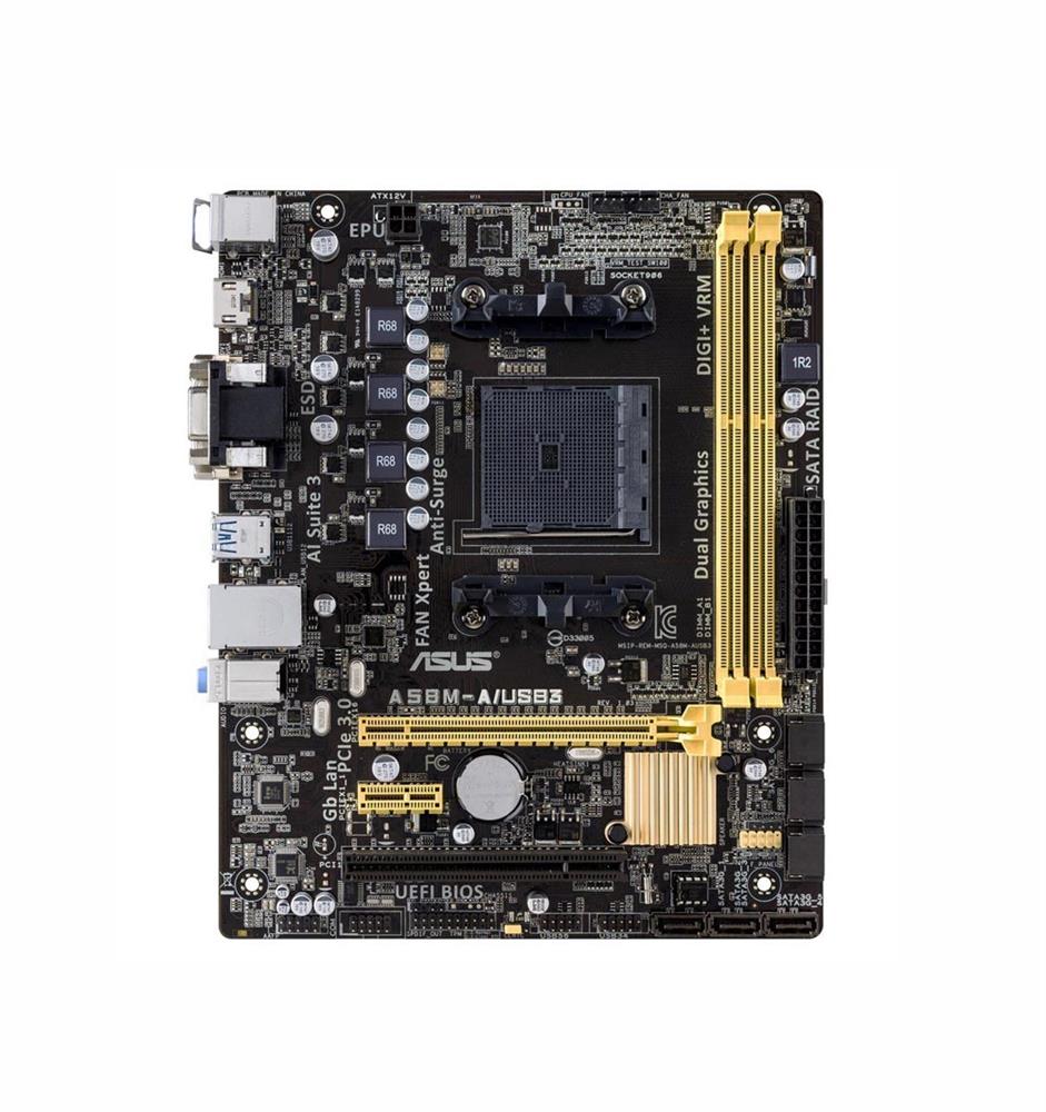 A58M-A/USB3 ASUS Socket FM2+ AMD A58 Chipset AMD Athlon/ AMD A-Series Processors Support DDR3 2x DIMM 6x SATA 3.0Gb/s mATX Motherboard (Refurbished)
