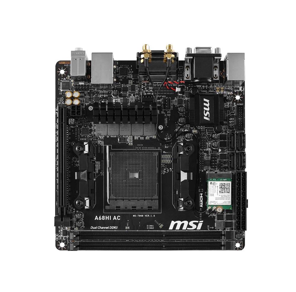 A68HIAC MSI A68HI AC Socket FM2+ AMD A68H Chipset AMD Athlon/ AMD A-Series Processors Support DDR3 2x DIMM 4x SATA 6.0Gb/s Mini-ITX Motherboard (Refurbished)