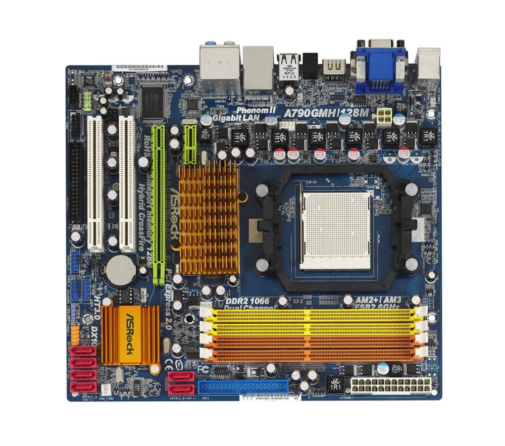 A790GMH/128M ASRock Socket AM2+ AMD 790GX + SB750 Chipset AMD Phenom FX/ Athlon 64 FX/ Athlon 64 X2 Dual-Core/ AMD Athlon X2 Dual-Core/ AMD Athlon 64/ AMD Sempron Processors Support DDR2 4x DIMM 6x SATA2 3.0Gb/s Micro-ATX Motherboard (Refurbished)