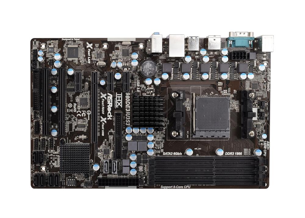 ASR-980DE3/U3S3 ASRock Socket AM3+ AMD 760G + SB710 Chipset AMD Phenom II X6/ II X4/ II X3/ II X2/ AMD Athlon II X4/ II X3/ II X2/ AMD Sempron Processors Support DDR3 4x DIMM 2x SATA3 6.0Gb/s ATX Motherboard (Refurbished)