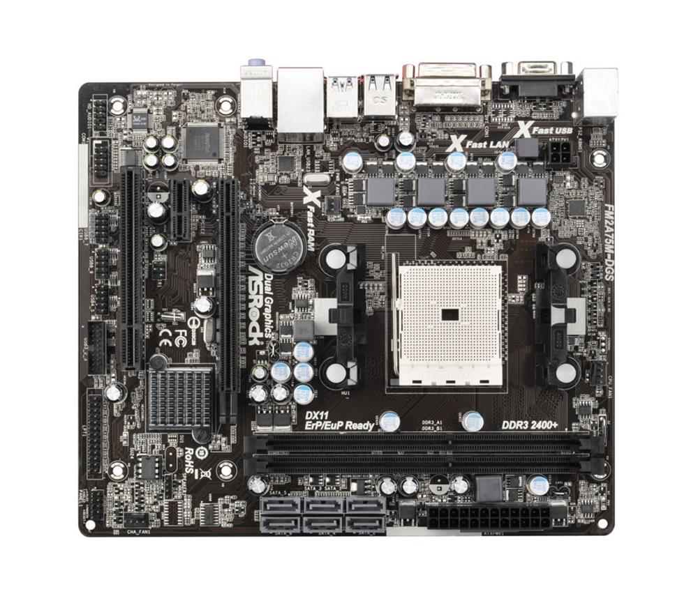 ASR-FM2A75M-DGS ASRock Socket FM2 AMD A75 Chipset 100W Processors Support DDR3 2x DIMM 6x SATA3 6.0Gb/s Micro-ATX Motherboard (Refurbished)