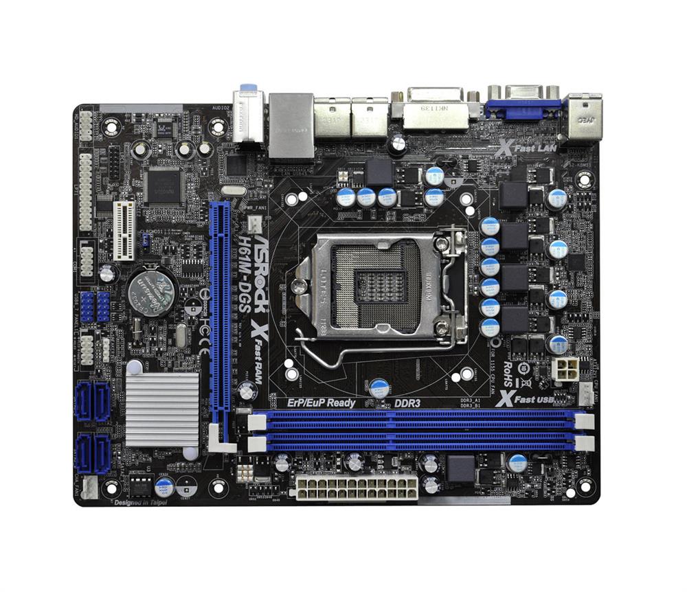 ASR-H61M-DGS ASRock H61M-DGS Socket LGA 1155 Intel H61 Chipset 3rd And 2nd Generation Core i7 / i5 / i3 / Pentium / Celeron / Xeon Processors Support DDR3 2x DIMM 4x SATA2 3.0Gb/s Micro-ATX Motherboard (Refurbished)
