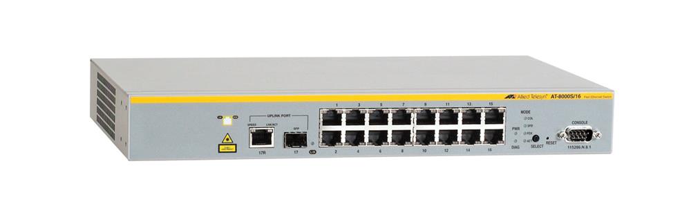 AT-8000S/16-50 Allied Telesis 16-Ports Managed Fast Ethernet Switch with One 10/100/1000T / SFP Combo uplinks Silent operation (Refurbished)