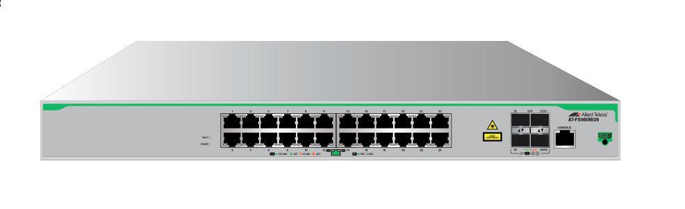 AT-FS980M/28-10 Allied Telesis CentreCOM AT-FS980M/28 Ethernet Switch - 24 Ports - Manageable - 4 Layer Supported - Modular - 4 SFP Slots - Twisted Pair, Optical Fiber - Wall  (Refurbished)