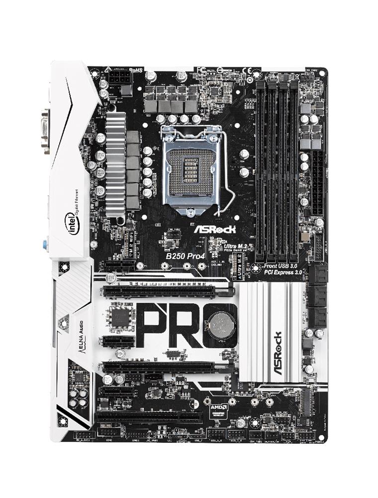 B250 Pro4 ASRock Socket LGA 1151 Intel B250 Chipset 7th/6th Generation Core i7 / i5 / i3 / Pentium / Celeron Processors Support DDR4 4x DIMM 6x SATA3 6.0Gb/s ATX Motherboard (Refurbished)