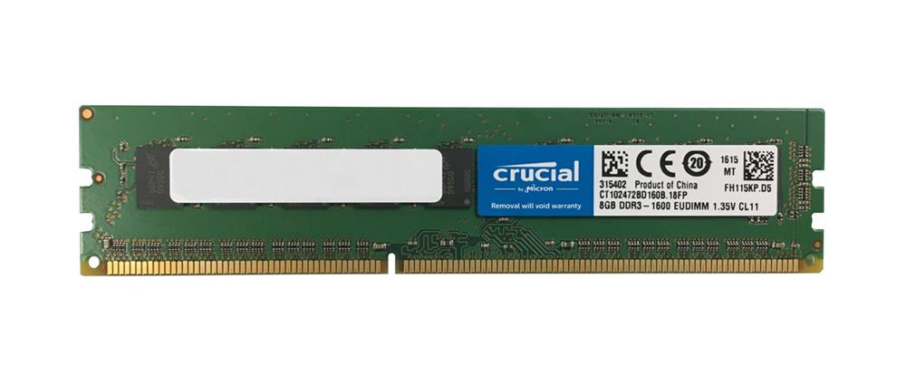 CT102472BD160B.18FP Crucial 8GB PC3-12800 DDR3-1600MHz ECC Unbuffered CL11 240-Pin DIMM 1.35V Low Voltage Memory Module