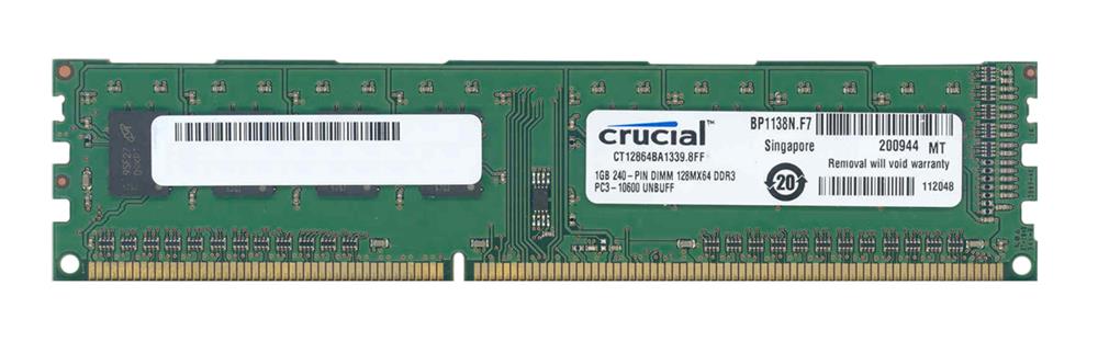 CT12864BA1339.8FF Crucial 1GB PC3-10600 DDR3-1333MHz non-ECC Unbuffered CL9 240-Pin DIMM Single Rank Memory Module