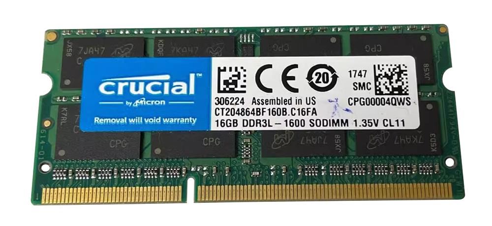 CT204864BF160B Crucial 16GB PC3-12800 DDR3-1600MHz non-ECC Unbuffered CL11 204-Pin SoDimm 1.35V Low Voltage Dual Rank Memory Module