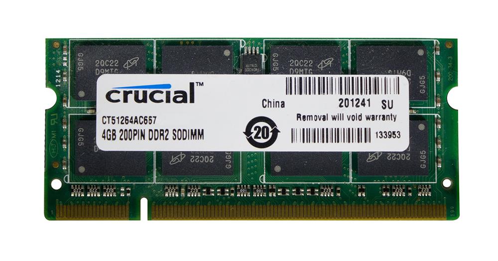 CT51264AC667 Crucial 4GB PC2-5300 DDR2-667MHz non-ECC Unbuffered CL5 200-Pin SoDimm Memory Module