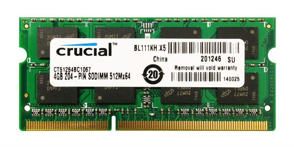CT51264BC1067.Y16FY Crucial 4GB PC3-8500 DDR3-1066MHz non-ECC Unbuffered CL7 204-Pin SoDimm Dual Rank Memory Module