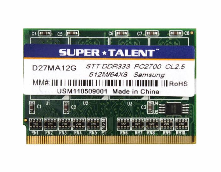 D27MA12G Super Talent 512MB PC2700 DDR-333MHz CL2.5 172-Pin micro-DIMM Memory Module