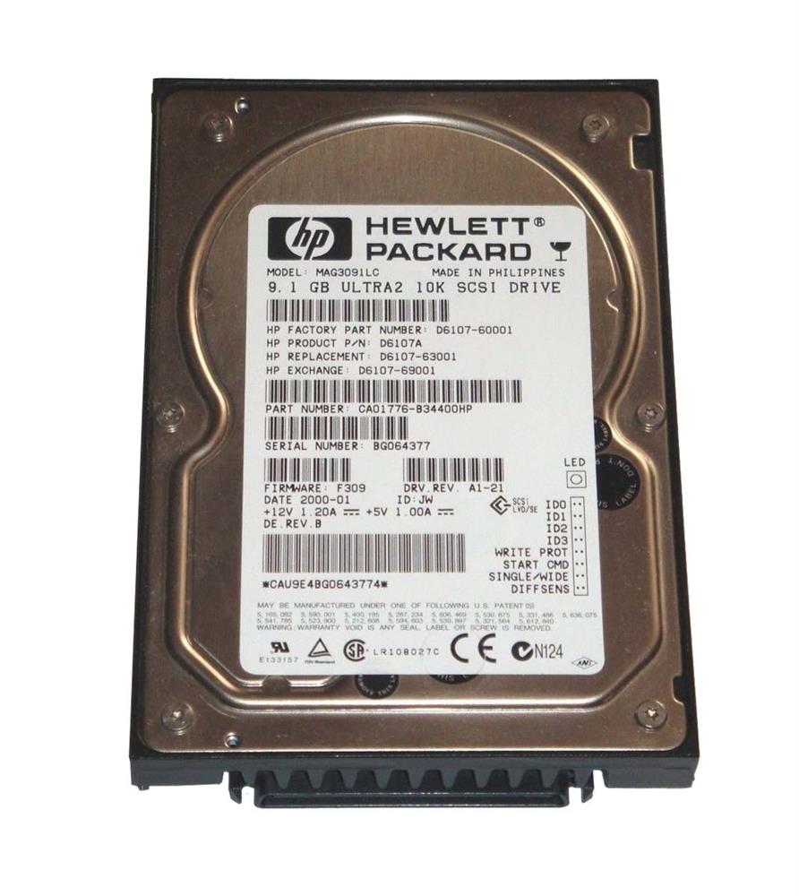 D6107-60001 HP 9.1GB 10000RPM Ultra2 SCSI 80-Pin LVD Hot Swap 3.5-inch Internal Hard Drive with Tray